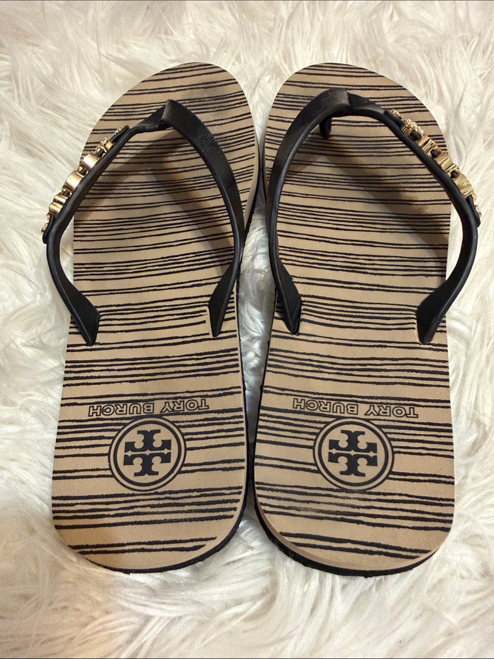 Tory Burch Black Striped Footbed Flip Flop Sandals with Gold Accents Sz 9 - Picture 5 of 14
